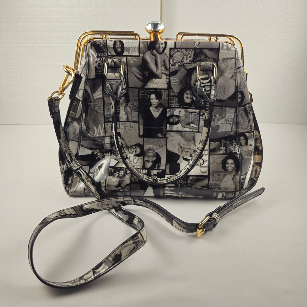 Clear Vinyl Michelle Obama Magazine Print Handbag Gold Frame Kiss Lock Purse